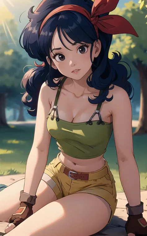 ((masterpiece, best quality)), insaneres, absurdres, solo, looking at viewer,
BlackHair_GoodLaunch_ownwaifu,
1girl, long hair, blue hair, curly hair, hair ribbon, black eyes, medium breasts, red hairband, eyelashes, bangs, 
green shirt,  crop top, midriff, fingerless gloves, cleavage, bare shoulders, navel, short shorts, collarbone, yellow shorts, tank top, belt, brown gloves, 
 outdoors, lens flare, depth of field, bokeh, vanishing point,
(sitting, head tilt)<lora:ANIME_DragonBall_Launch_ownwaifu:1>,