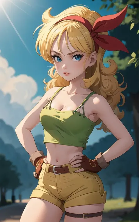 ((masterpiece, best quality)), insaneres, absurdres, solo, looking at viewer,
BlondeHair_BadLaunch_ownwaifu,
1girl, long hair, blonde hair,  curly hair, hair ribbon, blue eyes, medium breasts, red hairband, eyelashes, bangs, 
green shirt,  yellow shorts, crop top, midriff, fingerless gloves, cleavage, bare shoulders, navel, short shorts, collarbone, tank top, belt, brown gloves,  thigh strap, bare legs, 
 outdoors, lens flare, depth of field, bokeh, vanishing point,
(contrapposto, hand on hip)<lora:ANIME_DragonBall_Launch_ownwaifu:0.85>,