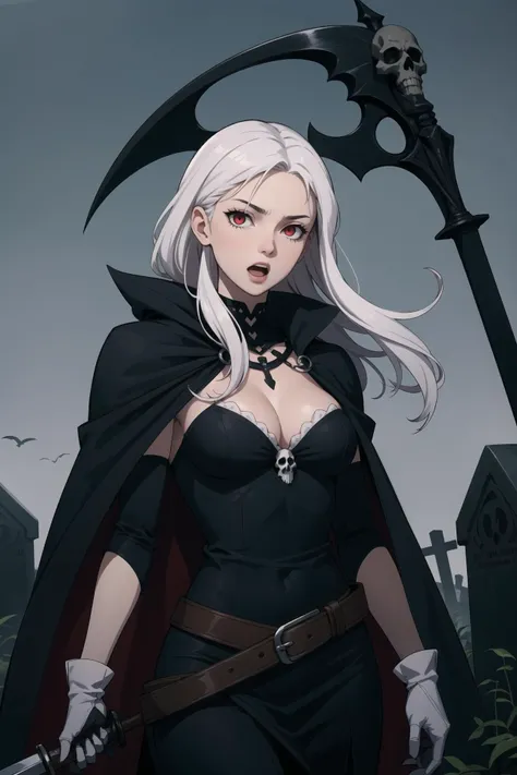 1girl, (necromancer),scythe, outdoors, graveyard, belt, breasts, cape, cleavage, dress, gloves, grey_background, long_hair, medium_breasts, open_mouth, red_eyes, skeleton, skull, solo, sword, white_hair