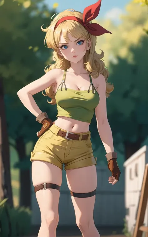 ((masterpiece, best quality)), insaneres, absurdres, solo, looking at viewer,
BlondeHair_BadLaunch_ownwaifu,
1girl, long hair, blonde hair,  curly hair, hair ribbon, blue eyes, medium breasts, red hairband, eyelashes, bangs, 
green shirt,  yellow shorts, crop top, midriff, fingerless gloves, cleavage, bare shoulders, navel, short shorts, collarbone, tank top, belt, brown gloves,  thigh strap, bare legs, 
 outdoors, lens flare, depth of field, bokeh, vanishing point,
(contrapposto, looking back)<lora:ANIME_DragonBall_Launch_ownwaifu:0.75>,