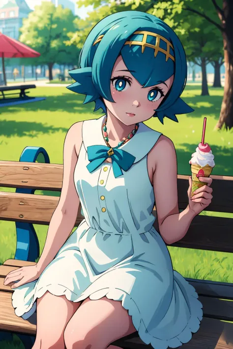 ultra detailed, sharp focus, best quality, masterpiece, colorful, <lora:pkmnlana-nvwls-v1:0.8> pkmnLana, 1girl, white pupils, looking at the viewer, hairband, green dress, holding icecream cone, bench, park