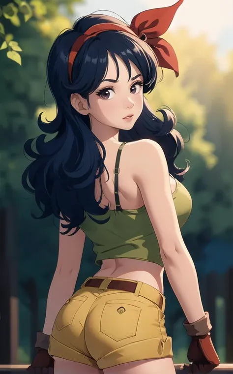 ((masterpiece, best quality)), insaneres, absurdres, solo, looking at viewer,
BlackHair_GoodLaunch_ownwaifu,
1girl, long hair, blue hair, curly hair, hair ribbon, black eyes, medium breasts, red hairband, eyelashes, bangs, 
green shirt,  crop top, midriff, fingerless gloves, cleavage, bare shoulders, navel, short shorts, collarbone, yellow shorts, tank top, belt, brown gloves, 
 outdoors, lens flare, depth of field, bokeh, vanishing point,
(contrapposto, looking back)<lora:ANIME_DragonBall_Launch_ownwaifu:0.75>,