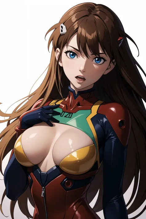 hands_on_own_chest,souryuu_asuka_langley,bodysuit,brown_hair,torn_bodysuit,rebuild_of_evangelion,1girl,large_breasts,upper_body,breasts,long_hair,skin_tight,hair_down,shiny_clothes,hair_ornament,very_long_hair,red_bodysuit,plugsuit,simple_background,solo,neon_genesis_evangelion,lips,highres,evangelion:_3.0+1.0_thrice_upon_a_time,looking_at_viewer,artist_request,blue_eyes,open_mouth,curvy,interface_headset