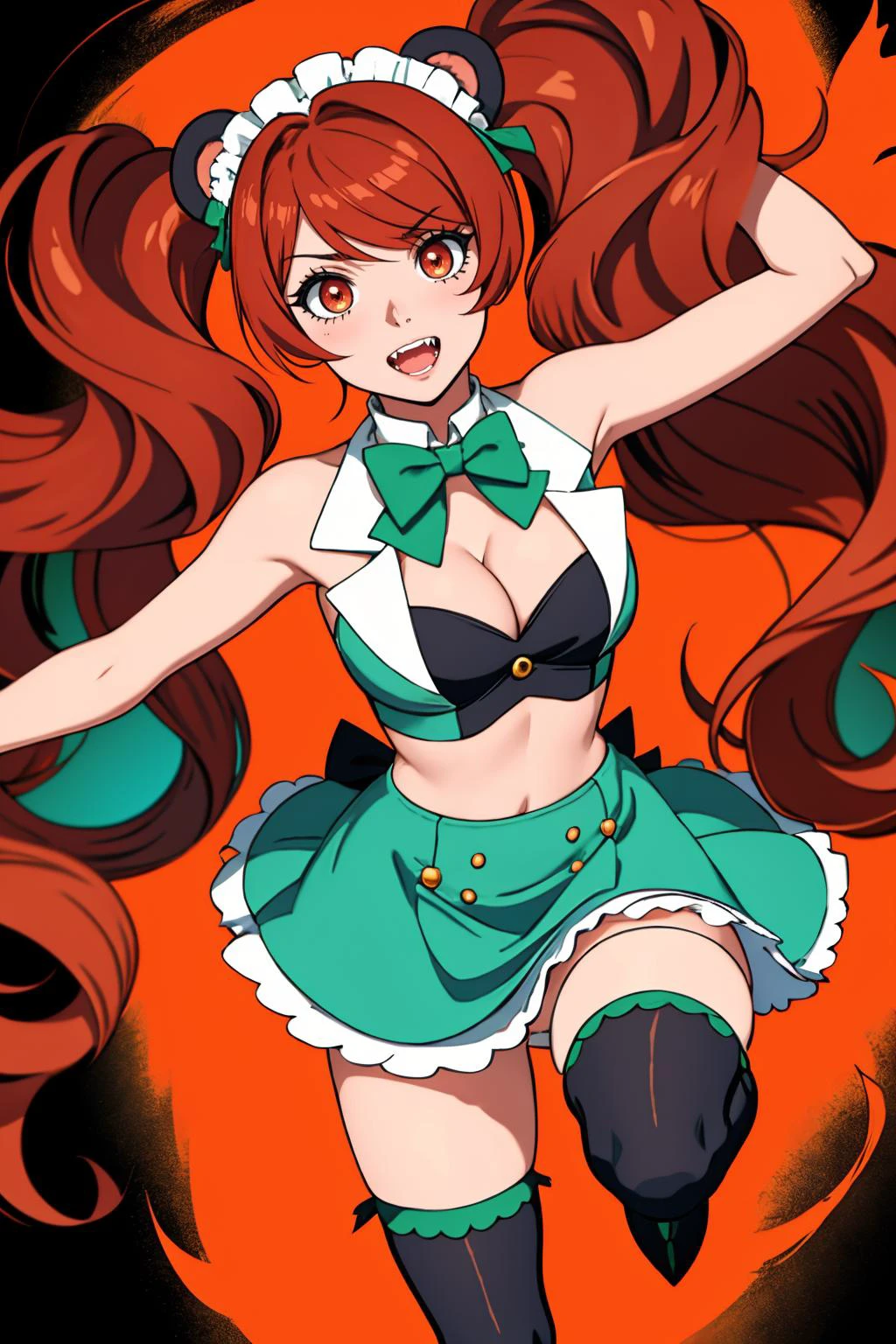 ultra detailed, sharp focus, best quality, masterpiece, colorful, high contrast, dim lighting, intricate details, <lora:LuluYurigasaki:0.9> LuluYurigasaki, long hair, twintails, maid headdress, bear ears, green bowtie, claws, fangs, maid, revealing clothes, green skirt, frilled thighhighs, paw shoes, glowing eyes, (red eyes), (blood), bones, forest background