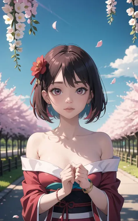 (highres,masterpiece,detailed) <lora:add_detail:0.6> 1girl, bangs, bare_shoulders, black_hair, blue_sky, blush, bracelet, branch, breasts, brown_eyes, camellia, cherry_blossoms, cloud, collarbone, colored_inner_hair, day, dress, falling_petals, flower, hair_between_eyes, hair_flower, hair_ornament, hanami, hand_on_own_chest, holding_flower, japanese_clothes, jewelry, kimono, looking_at_viewer, multicolored_hair, off_shoulder, open_mouth, outdoors, petals, petals_on_liquid, pink_flower, pink_rose, plum_blossoms, red_flower, red_hair, red_rose, rose, rose_petals, short_hair, sky, smile, solo, spring_\(season\), tree, two-tone_hair