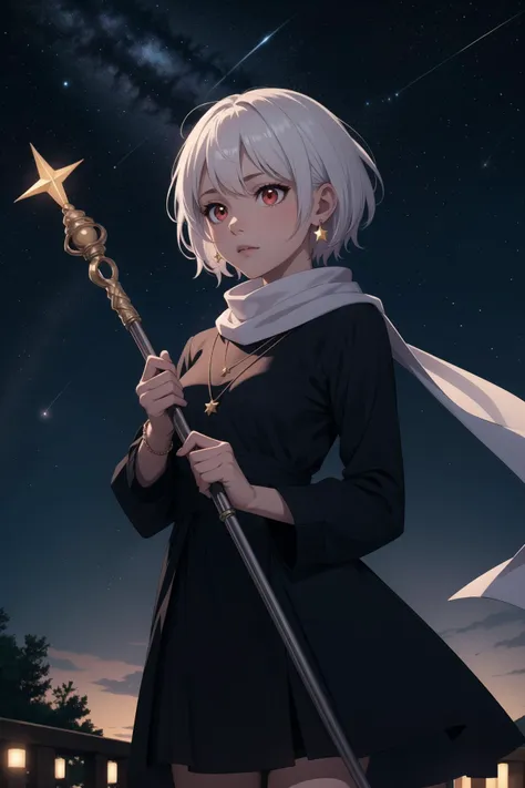 1girl, solo, short_hair, red_eyes, long_sleeves, holding, jewelry, white_hair, earrings, outdoors, sky, necklace, scarf, see-through, bell, night, staff, star_(sky), night_sky, starry_sky, holding_staff