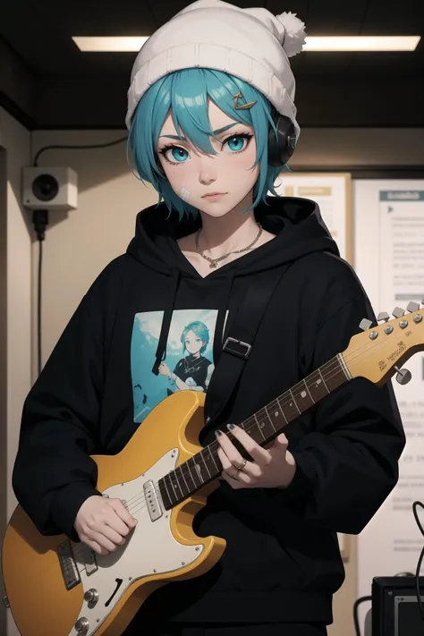 detailed_background,indoors,aqua_hair,holding_phone,hairclip,hair_between_eyes,guitar,beanie,straight-on,looking_at_viewer,eyes_visible_through_hair,electric_guitar,closed_mouth,effects_pedal,headphones,upper_body,hat,hoodie,instrument,solo,aqua_eyes,sticker,hood_down,phone,parental_advisory,nail_polish,smartphone,cellphone,jewelry,1girl,white_headwear,bandaid_on_nose,patch,bandaid_on_face,short_hair,original,bandaid,highres,sidelocks,holding,grey_hoodie,circuit_board,long_sleeves,aqua_nails,necklace,standing,print_hoodie,ring,hair_ornament,yorugata_mao,hood,bandaid_on_cheek