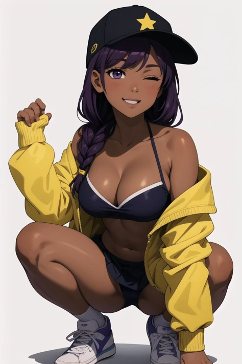 outdoors, 1girl, long_hair, breasts, looking_at_viewer, blush, smile, open_mouth, bangs, skirt, large_breasts, simple_background, long_sleeves, hat, white_background, navel, cleavage, bare_shoulders, very_long_hair, underwear, purple_eyes, collarbone, panties, jacket, swimsuit, full_body, purple_hair, braid, bikini, thighs, one_eye_closed, shoes, socks, dark_skin, miniskirt, off_shoulder, star_(symbol), dark-skinned_female, single_braid,  white_headwear, squatting, white_footwear, sneakers, baseball_cap, cropped_jacket, hat_ornament, asymmetrical_hair, bandeau, yellow_jacket, yellow_skirt, star_hat_ornament