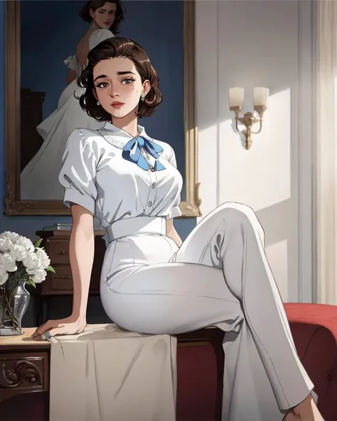 ligne claire, Roy Krenkel, Jean-Pierre Gibrat, Milo Manara, Francois Schuiten, Edgar P Jacobs Fictional woman, 1girl, Professional Full body photo, of (one elegant 1950s housewife), (white clothes), (posing seductively in Livingroom of 1950s American house), pinup, fit body, medium breasts, pretty hands, perfect face, detailed eyes, (detailed skin, supple skin pores), [freckles], [beauty marks], (portrait), (saggy breasts:0.5), natural lighting, (backlighting:0.6), shallow depth of field, 8mm film grain, photographed on a Leica 10772 M-P, 50mm lens, F2.8, (highly detailed, intricate details, fine), 8k, HDR, deep focus, cinematic film still from Mad Men, ligne claire