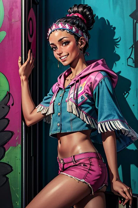 (masterpiece, best quality, highres, absurdres, ultra-detailed:1.3), 1girl, <lora:LilyMS:0.8>lilyms, jewelry, headband, poncho, fringe trim, tribal, magenta shorts, midriff, (cyberpunk, city street, graffiti, leaning on wall, raised leg, grin, flirt), ((cowboy shot)) <lora:Squeezer2:0.6>, <lora:add_detail_v1:0.8>, <lora:LowRA:0.75>