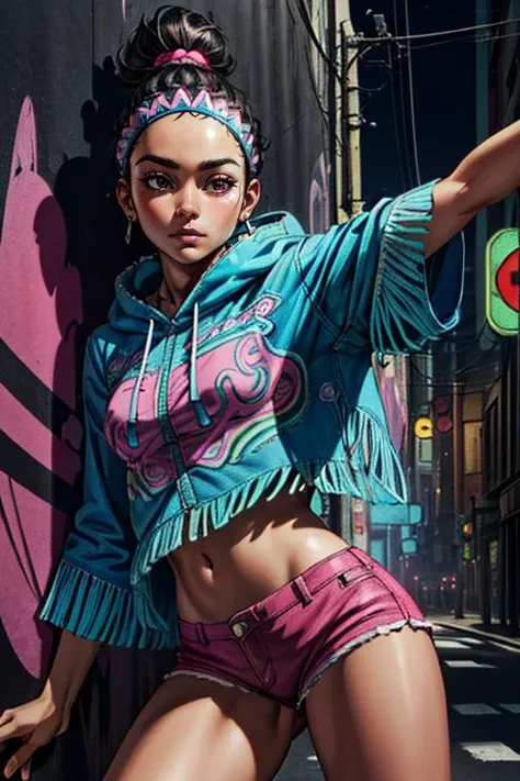 (masterpiece, best quality, highres, absurdres, ultra-detailed:1.3), 1girl, <lora:LilyMS:0.8>lilyms, jewelry, headband, poncho, fringe trim, tribal, magenta shorts, midriff, (cyberpunk, city street, graffiti, leaning on wall, raised leg), ((cowboy shot)) <lora:Squeezer2:0.6>,  <lora:add_detail_v1:0.8>,  <lora:LowRA:0.75>