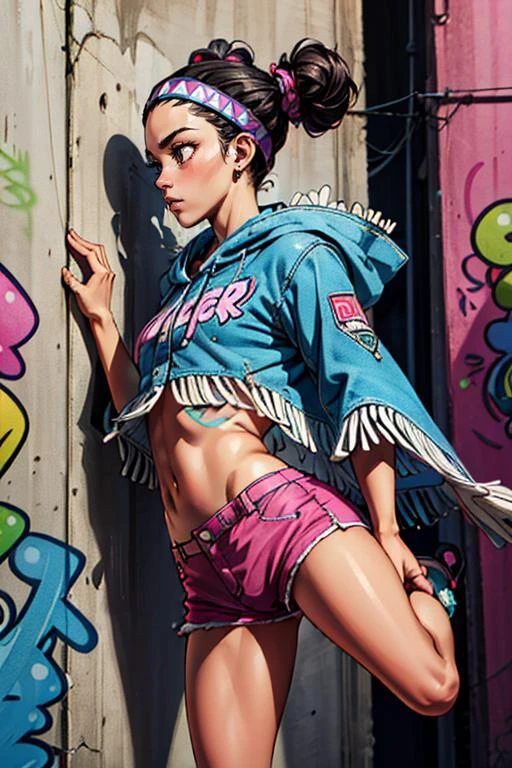 (masterpiece, best quality, highres, absurdres, ultra-detailed:1.3), 1girl, <lora:LilyMS:0.8>lilyms, jewelry, headband, poncho, fringe trim, tribal, magenta shorts, midriff, (cyberpunk, city street, graffiti, leaning on wall, raised leg), ((from side)) <lora:Squeezer2:0.6>, <lora:add_detail_v1:0.8>