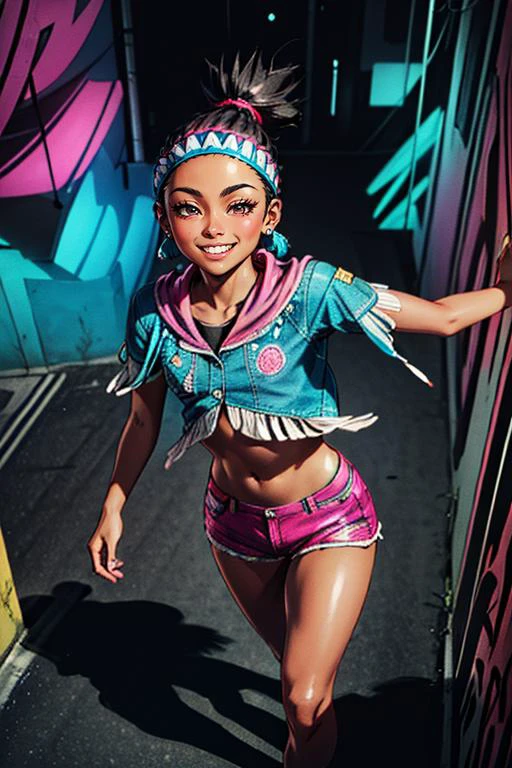 (masterpiece, best quality, highres, absurdres, ultra-detailed:1.3), 1girl, <lora:LilyMS:0.8>lilyms, jewelry, headband, poncho, fringe trim, tribal, magenta shorts, midriff, (cyberpunk, city street, luminescent, iridescent, holographic, graffiti, turquoise neon, running, smile, flirt), ((from above)) <lora:Squeezer2:0.6>, <lora:add_detail_v1:0.8>, <lora:LowRA:0.75>