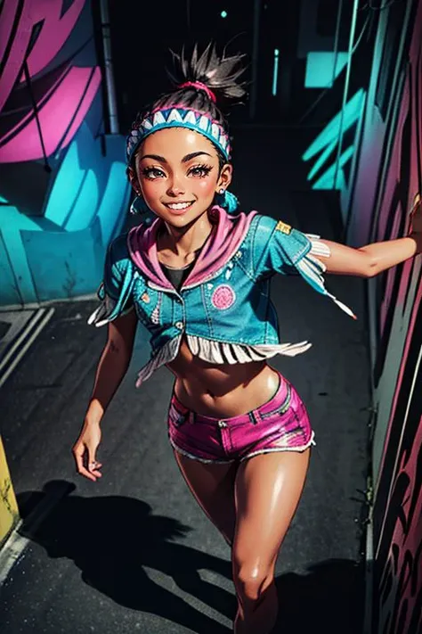 (masterpiece, best quality, highres, absurdres, ultra-detailed:1.3), 1girl, <lora:LilyMS:0.8>lilyms, jewelry, headband, poncho, fringe trim, tribal, magenta shorts, midriff, (cyberpunk, city street, luminescent, iridescent, holographic, graffiti, turquoise neon, running, smile, flirt), ((from above)) <lora:Squeezer2:0.6>,  <lora:add_detail_v1:0.8>,  <lora:LowRA:0.75>