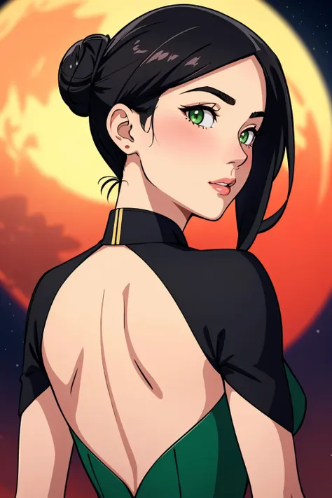 ultra detailed, sharp focus, best quality, masterpiece, colorful, 1 girl, blush <lora:Claudia:0.7> Claudia, green eyes, black hair, red china dress, hair bun, from behind, looking back, evening, moon, upper body shot