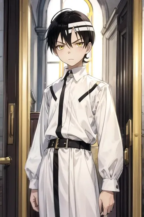 masterpiece, best quality, sketch, 1boy, solo, male focus, looking at viewer, , , , , <lora:death_the_kid_soul_eater:0.66>, death_the_kid_soul_eater, black hair, yellow eyes, two-tone hair, white hair, mackintosh, , , HD