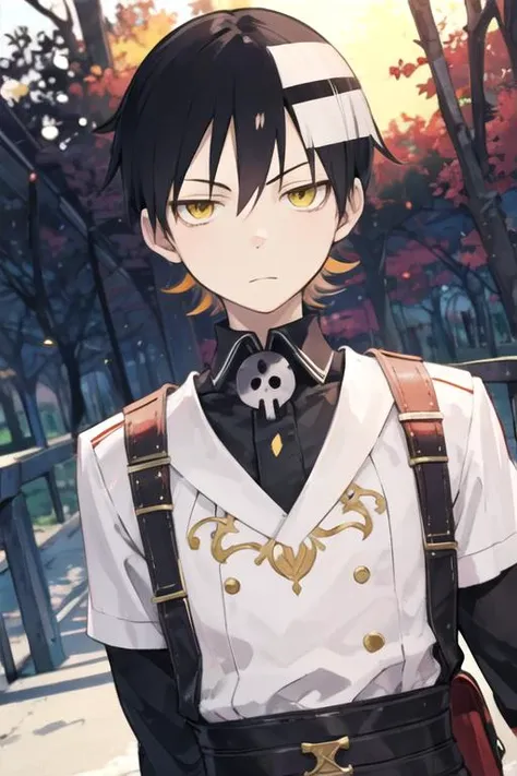 masterpiece, best quality, game cg, 1boy, solo, male focus, looking at viewer, upper body, depth of field, , , <lora:death_the_kid_soul_eater:0.72>, death_the_kid_soul_eater, , timber costume, ,