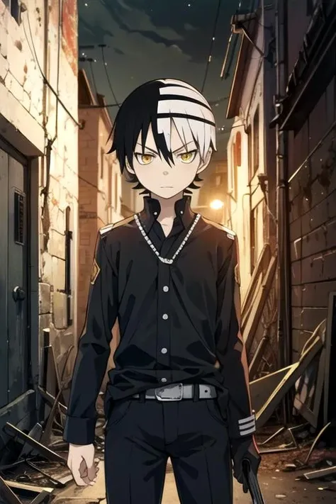 masterpiece, best quality, game cg, 1boy, solo, male focus, looking at viewer, , depth of field, , , <lora:death_the_???_soul_eater:0.70>, death_the_???_soul_eater, black hair, yellow eyes, , , white hair, captain costume, science fiction apocalyptic and post-apocalyptic,