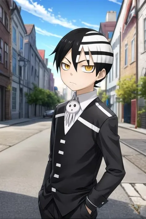 masterpiece, best quality, , 1boy, solo, male focus, looking at viewer, , depth of field, , , <lora:death_the_kid_soul_eater:0.72>, death_the_kid_soul_eater, black hair, yellow eyes, two-tone hair, white hair, oxford shirt, , The City of Glas, Blu-ray