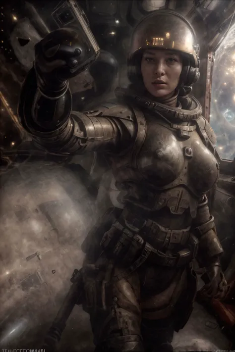 1girl, (photographic:1.3), (RAW photo:1.3), (ultra wide lens:1.3), (far shot:1.3), (selfie shot:1.3), ((rosapike)), (an astronaut taking selfie floating on space:1.4), cleavage, soldier, spacesuit, rifle, fighting, war, battle, (helmet on:1.3), (infinite space behind her:1.3), (no gravity:1.1), soft lighting, film grain, Fujifilm XT3, dslr, masterpiece, best quality, realistic, high-quality, realistic works, ultra-high details, 8k uhd, real skin materials, <lora:add_detail:1>, <lora:LowRA:0.5>, astra militarum, imperial guard, wh40k, <lyco:whsororitas_v4:.35> <lyco:ww1ger_v0.1:.6>