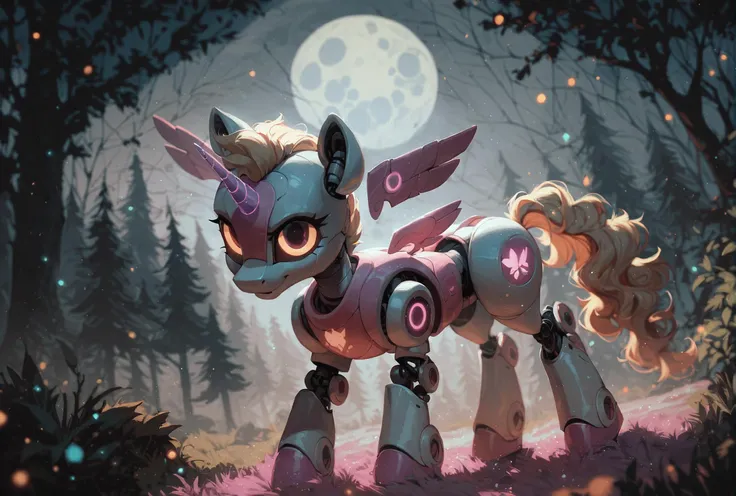 score_9, score_8, score_8_up, score_7_up, score_6, rating_safe, glowing (robot:1.1) machine pony, forest, spooky creatures, fully featured robot, dust, glitter, spotlights, moon, night time, haze, smoke. (bokeh:0.4), light rays, reflections, glitter, (cinematic:1.1), highly detailed, intricate details, epic colors <lora:prbt1:1.4>