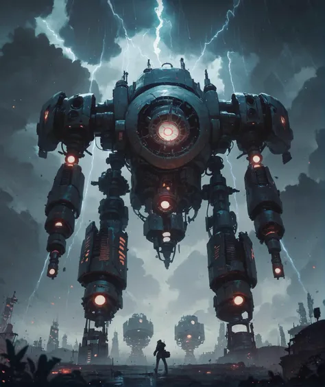 score_9, score_8, score_8_up, score_7_up, score_6, rating_safe, complex glowing robot, large dystopic towers, strange planet, machines, photoshot, sad atmosphere, dark clouds, thunderstorm, ultrarealistic, cinematic, highly detailed, high contrast <lora:prbt1:1.1>