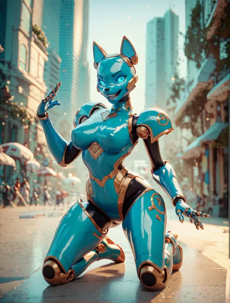 score_9, score_8, score_8_up, score_7_up, score_6, rating_safe, kneeling robot feline, full body, sexy kitty robot model, blue (translucent:1.1) (encasing:1.2), photoshot, epic buildings, dynamic pose, cinematic, highly detailed, high contrast <lora:prbt1:.6>