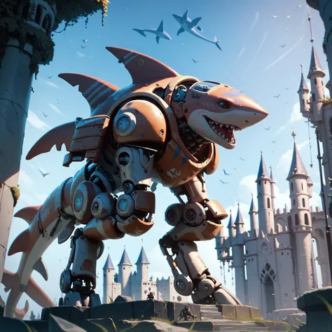 score_9, score_8, score_8_up, score_7_up, score_6, rating_safe, cinematic, cyborg robot shark creature, fin raised, heavy armored, intricatet details, highly detailed, complex contruction, fully featured, arcane world, techno castle <lora:prbt1:1.5>