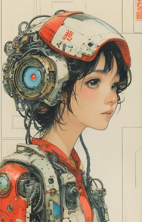 1 female demonic  cyborg , tubes connected to the wall
beautiful 
long black hair
praying
mechanical limbs
red turtle neck tight
skulls
(color ink painting by  Katsuhiro Otomo, Moebius, Victo Ngai	 Katsuya Terada, Aaron Horkey )