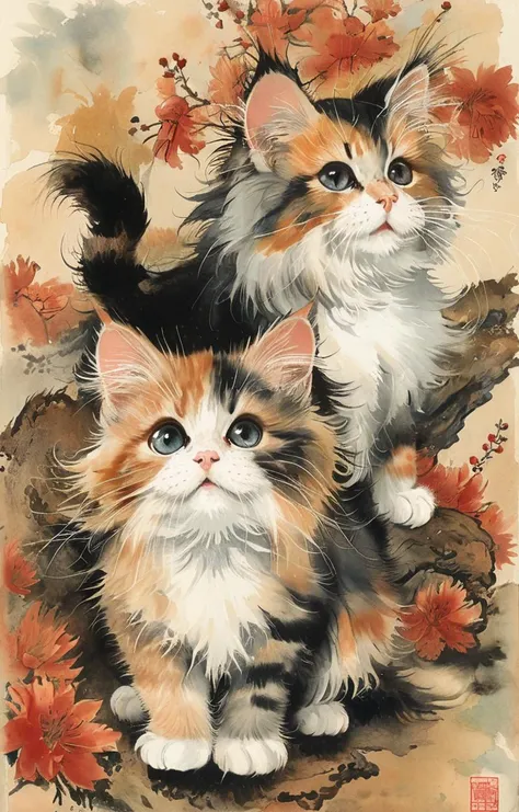 masterpiece,best quality,<lora:tbh162-sdxl:0.9>,illustration,style of Kawanabe Kyosai, cute Mainecoon cat and Abyssinian cat