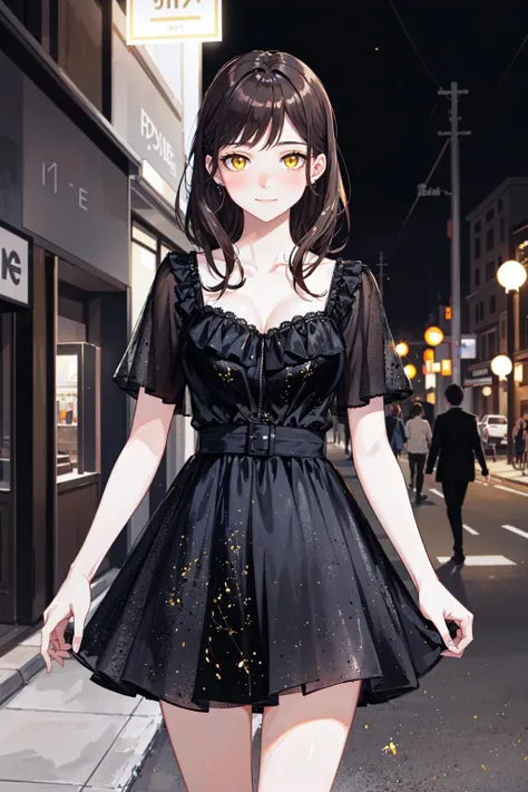 ((Masterpiece:1.4)), (best quality:1.0), realistic, (((Solo))),1girl,((brown Hair)), (((yellow eyes))), Fair skin, cleavage, Highly Detailed background of Outside at Night, light smile, thick thighs, <lora:evening dress S_20230719171856:0.7>blue skirt, shirt
