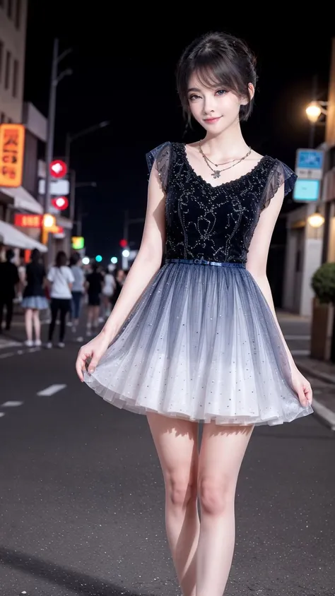 (best quality),[masterpiece],((beautiful:0.75) cute girl:0.75),[clear and clean] pixiv (illustration),short hair,knees up,necklace,jewelry,looking at viewer,close-up,standing,night sky,street, city viewer,neon trim,
<lora:add_detail:0.8>,
<lora:evening dress S1:0.75> blue skirt,