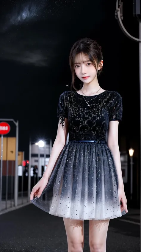 (best quality),[masterpiece],((beautiful:0.75) cute girl:0.75),[clear and clean] pixiv (illustration),long hair,knees up,necklace,jewelry,looking at viewer,close-up,standing, city viewer, street,night sky,long hair, 
<lora:add_detail:0.8>,
 <lora:evening dress S1:1> blue skirt, shirt ,
