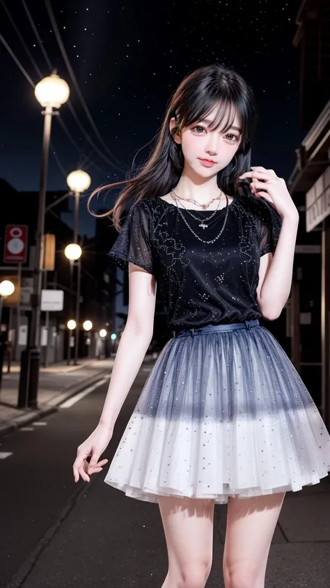(best quality),[masterpiece],((beautiful:0.75) cute girl:0.75),[clear and clean] pixiv (illustration),long hair,knees up,necklace,jewelry,looking at viewer,close-up,standing,night sky,street, city viewer,neon trim,
<lora:add_detail:0.8>,
<lora:evening dress S1:0.75> skirt, shirt