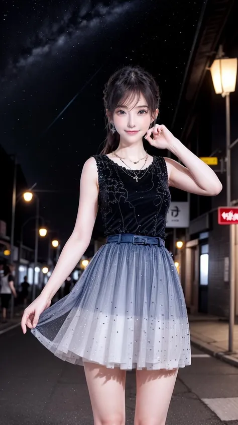 (best quality),[masterpiece],((beautiful:0.75) cute girl:0.75),[clear and clean] pixiv (illustration),long hair,knees up,necklace,jewelry,looking at viewer,close-up,standing,night sky,street, city viewer,neon trim,
<lora:add_detail:0.8>,
<lora:evening dress S1:0.75> blue skirt,