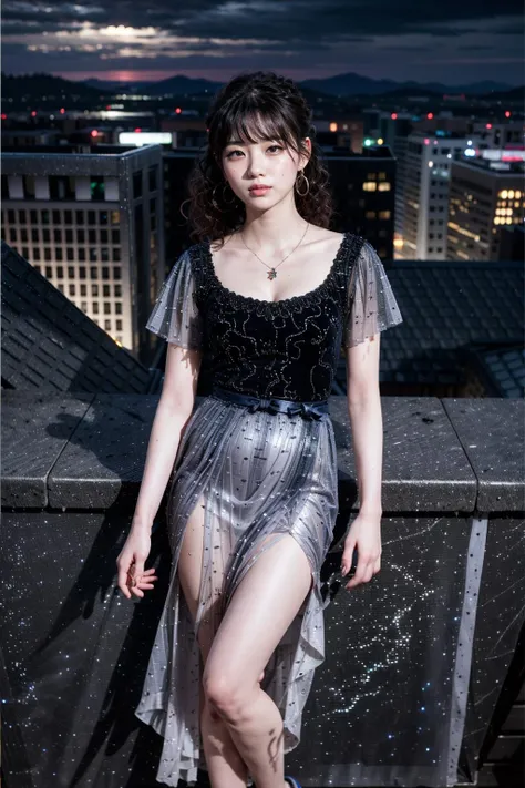 (realistic:1.3), finely detailed, quality, rembrandt lighting, (masterpiece:1.2), (photorealistic:1.2), (best quality), (detailed skin:1.3), (intricate details), dramatic, ray tracing, 1girl, japanese girl, 21 years old, detailed skin texture, (blush:0.5), (goosebumps:0.5), subsurface scattering, smiling, medium breasts, (long hair curls, bangs, hair between eyes:1.4), earrings, necklace, jewelry, long dress, square neck, puffy sleeves, see-through, frills, ribbons, bows, (skyscraper rooftop bar, city lights far below, cityscape, clouds, night sky), <lora:evening dress S_20230719171856:0.9>