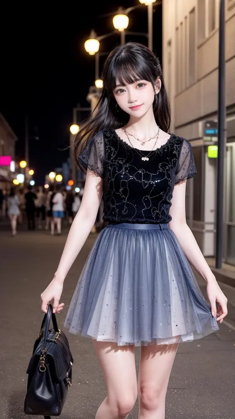 (best quality),[masterpiece],((beautiful:0.75) cute girl:0.75),[clear and clean] pixiv (illustration),long hair,knees up,necklace,jewelry,looking at viewer,close-up,standing, city viewer, street,night sky,long hair, 
<lora:add_detail:0.8>,
 <lora:evening dress S1:0.7> blue skirt, shirt ,