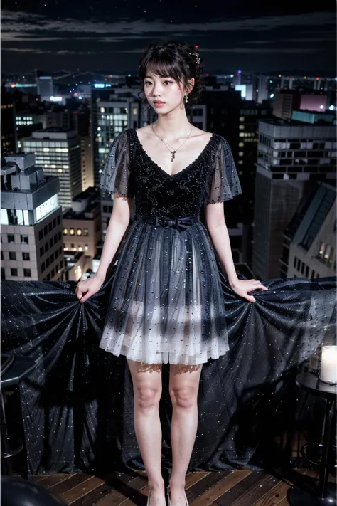 (realistic:1.3), finely detailed, quality, rembrandt lighting, (masterpiece:1.2), (photorealistic:1.2), (best quality), (detailed skin:1.3), (intricate details), dramatic, ray tracing, 1girl, japanese girl, 21 years old, detailed skin texture, (blush:0.5), (goosebumps:0.5), subsurface scattering, smiling, medium breasts, (long hair curls, bangs, hair between eyes:1.4), earrings, necklace, jewelry, long dress, square neck, puffy sleeves, see-through, frills, ribbons, bows, (skyscraper rooftop bar, city lights far below, cityscape, clouds, night sky), <lora:evening dress S_20230719171856:0.9>