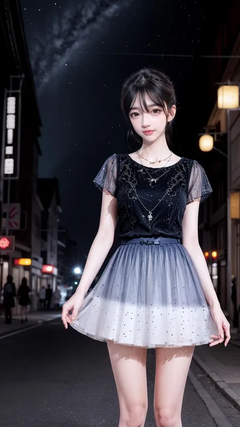 (best quality),[masterpiece],((beautiful:0.75) cute girl:0.75),[clear and clean] pixiv (illustration),long hair,knees up,necklace,jewelry,looking at viewer,close-up,standing,night sky,street, city viewer,neon trim,
<lora:add_detail:0.8>,
<lora:evening dress S1:0.75> skirt, shirt
