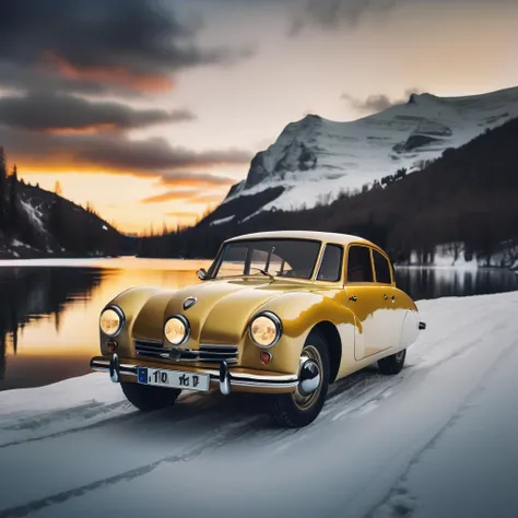 cinematic epic realistic photo, analog photo, winter alpine road, snowy frozen lake, dark, sunset clouds, BREAK cloudy sky BREAK, (archviz hut wooden treebark house:1.3) by (lake:1.1), dark, treeliches ,BREAK lake BREAK dynamic frontleft view (car yellow:1.5) at sandy bank of lake. BREAK lake
<lora:Tatra87-SDXL:1>, photorealism, golden hour, Crewson style shadowing, 8k resolution, analog color kodak, film grain, neutral colors,