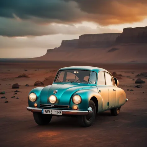 cinematic epic realistic photo, analog photo, mars landscape, dark, sunset clouds, dynamic frontleft view (car teal matte rusty:1.5)
<lora:Tatra87-SDXL:1>, photorealism, golden hour, Crewson style shadowing, 8k resolution, analog color kodak, film grain, neutral colors,