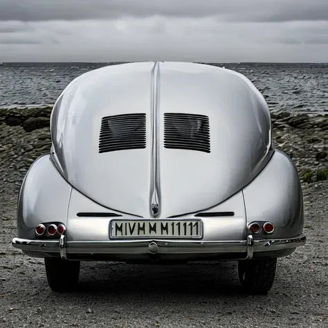 dynamic view from back, car (silver polished metal:1.3) shiny in dystopian thriller, ((masterpiece)) dramatic night, beach seaside, stormy waves <lora:tatra87:0.75>