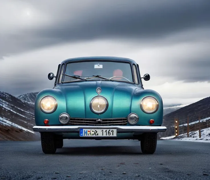 winter icy snowy landscape, car view front, bright teal ivory and red shiny racing carpaint , dystopian thriller, ((masterpiece)) dramatic night, shadow under dramatic valley mountains, cloudy dust storm <lora:tatra87:0.7> night