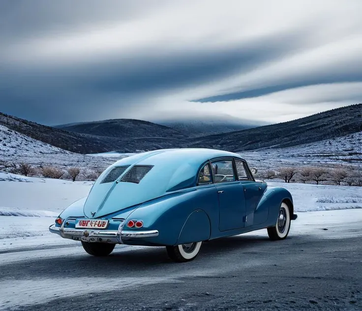 winter icy snowy landscape, car view from top rear left, bright teal ivory and red shiny, dystopian thriller, ((masterpiece)) dramatic night, shadow under dramatic valley  mountains, cloudy dust storm <lora:tatra87:0.7> night