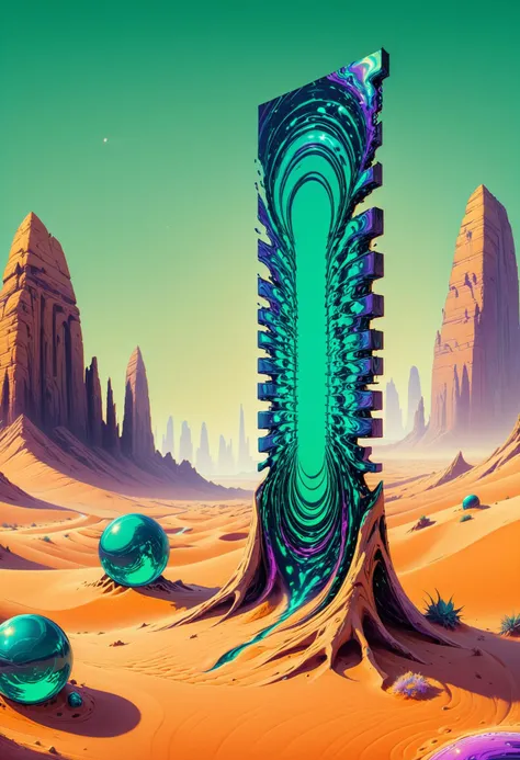 concept art landscape, ((Bewitching Emerald)) desert mirage altar, fracturing into sand and light, sunset colors, warm oranges and cool purples, feeling of elusive magic, digital desert art, detailed heat distortion and sand textures, ultra high resolution
<lora:Style_ThatSpecialFace:1.3> . digital artwork, illustrative, painterly, matte painting, highly detailed