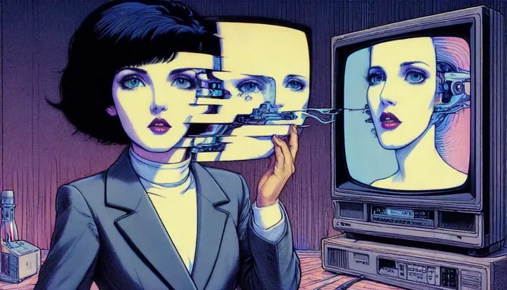 patrick nagel painting of a squishy scifi lizard skin old fashion television, surrounded by soft opalescent membranes, antenna with large expressive eyes <lora:lcm-lora-sdxl:1> <lora:InkArtXL_1.2:1> <lora:That_Special_Face:1>