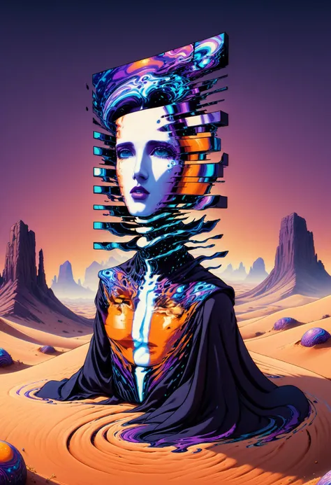 concept art landscape, ((Majestic Onyx Midnight)) desert mirage altar, fracturing into sand and light, sunset colors, warm oranges and cool purples, feeling of elusive magic, digital desert art, detailed heat distortion and sand textures, ultra high resolution
<lora:Style_ThatSpecialFace:1.3> . digital artwork, illustrative, painterly, matte painting, highly detailed