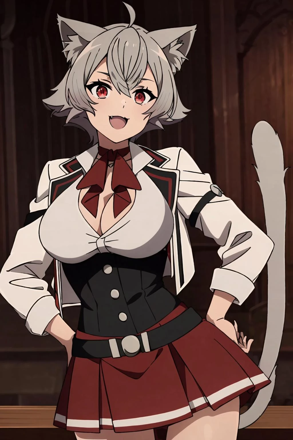 <lora:è妮äº1V-000010:0.8>,1girl,è妮äº,cat ears,grey hair,animal ear fluff,bangs,cat girl,red eyes,ahoge,short hair,fang,hair between eyes,slit pupils,:d, large breasts,
cat tail,white jacket,white shirt,pleated skirt,red skirt,belt buckle,bowtie,choker,cleavage,collared shirt,corset,long sleeves,open jacket,school uniform,cowboy shot,, Exquisite visuals, high-definition,masterpiece,best quality,