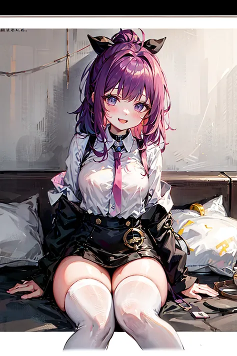 masterpiece,1girl,solo, <lora:TashkentBoundV1-06:0.8> ,purple hair, metal collar, light smile, white legwear, chain leash,high ponytail, center opening:1.2, nude:1.4,all_fours:1.4