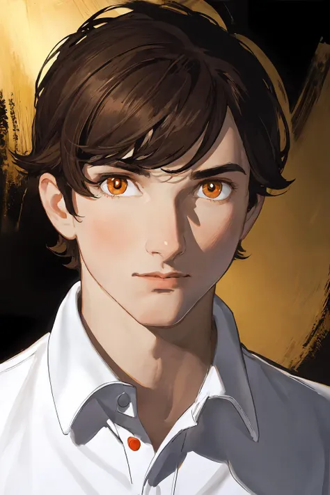 portrait,solo,1boy,male,dark brown hair,golden eyes,polo shirt,<lora:osamu_tezuka_style_v02:1>,